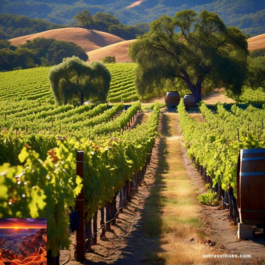 A picturesque vineyard in Napa Valley, with rolling hills and wine barrels in the background