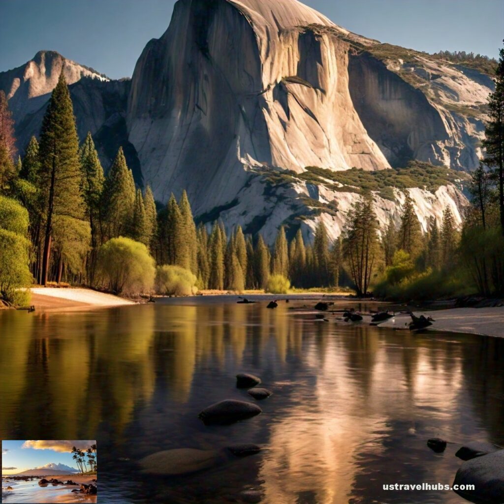 The iconic Half Dome, with the Merced River and surrounding mountains in the background