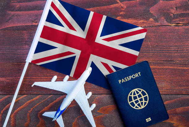 image of british flag, with passport and toy plane